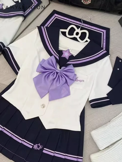 Японский комплект униформы Sweet Girl JK, милая темно-синяя короткая рубашка с воротником и длинными рукавами, плиссированная юбка с высокой талией, элегантные комплекты в студенческом стиле 
Японский комплект униформы Sweet Girl JK, милая темно-синяя короткая рубашка с воротником и длинными рукавами, плиссированная юбка с высокой талией, элегантные комплекты в студенческом стиле