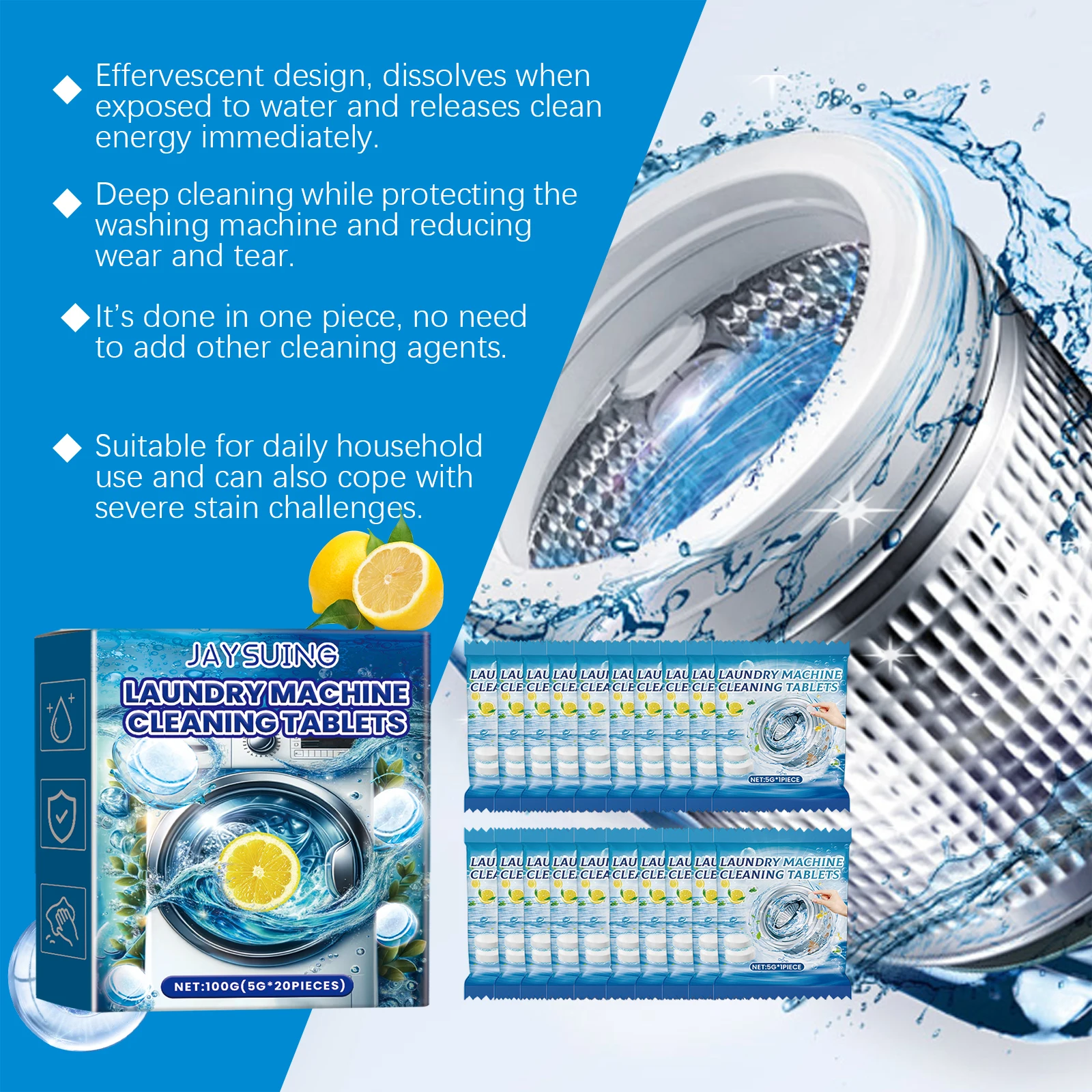 JAYSUING Washing Machine Cleaning Effervescent Tablets 20pcs Washer Machine Cleaner Tablets Clean Stubborn Dirt Eliminates Odors 
JAYSUING Washing Machine Cleaning Effervescent Tablets 20pcs Washer Machine Cleaner Tablets Clean Stubborn Dirt Eliminates Odors