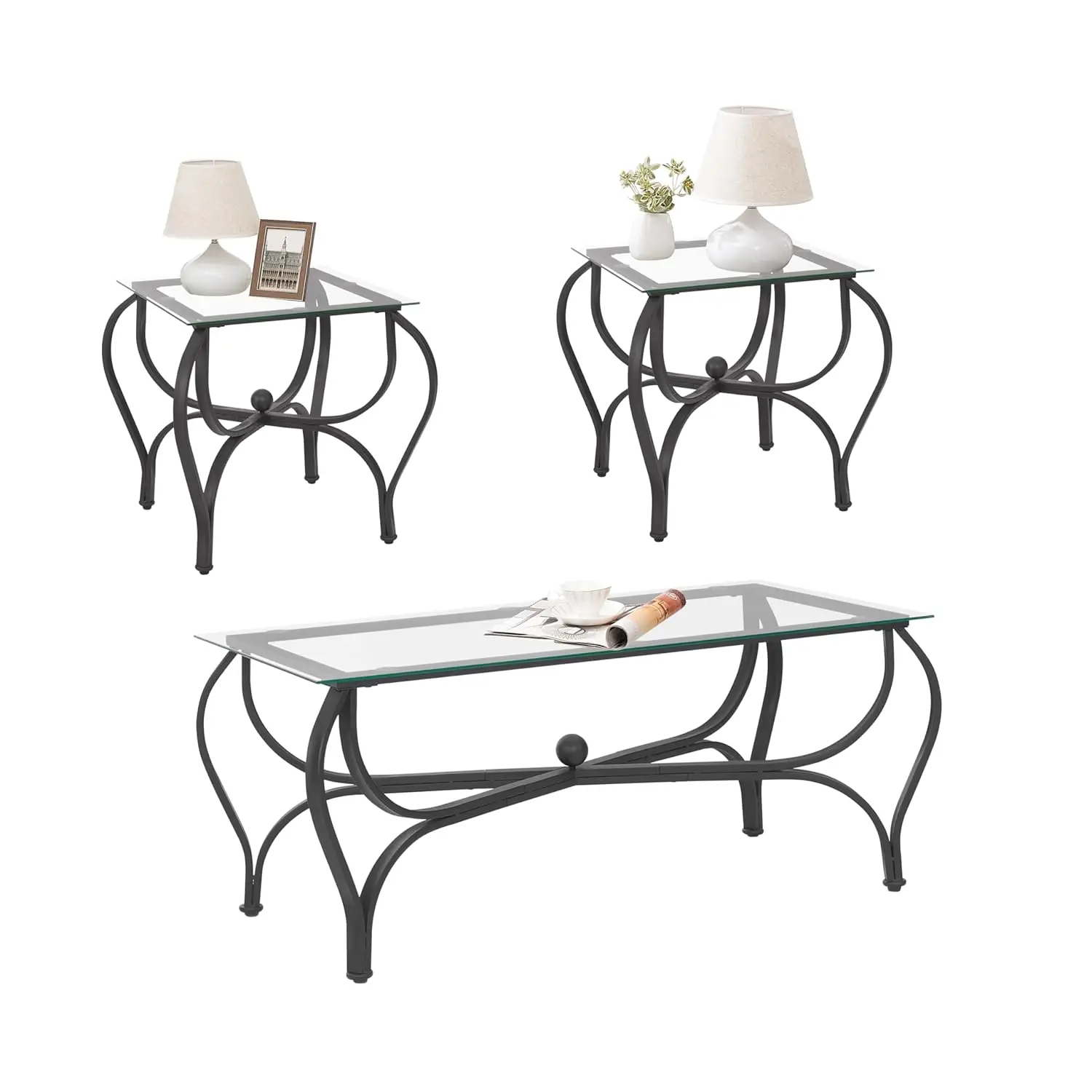 3-Piece Coffee Table Set, Tempered Glass Surface Living Room Sets, Coffee Table & 2 End Side Table, Metal Frame For
3-Piece Coffee Table Set, Tempered Glass Surface Living Room Sets, Coffee Table & 2 End Side Table, Metal Frame For