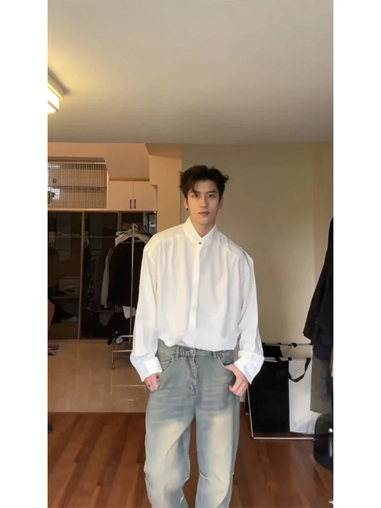 White Loose Long Sleeve Men's Shirt Stand Collar British Style Fashionable Versatile Casual Wear Polyester Blend Autumn Wear
White Loose Long Sleeve Men's Shirt Stand Collar British Style Fashionable Versatile Casual Wear Polyester Blend Autumn Wear