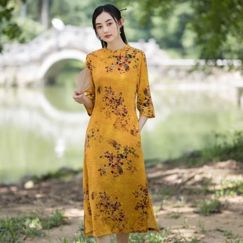 Vintage Yellow Floral Print Linen-Cotton Cheongsam Dress 3/4 Sleeve Midi Chinese Style Dress
Vintage Yellow Floral Print Linen-Cotton Cheongsam Dress 3/4 Sleeve Midi Chinese Style Dress