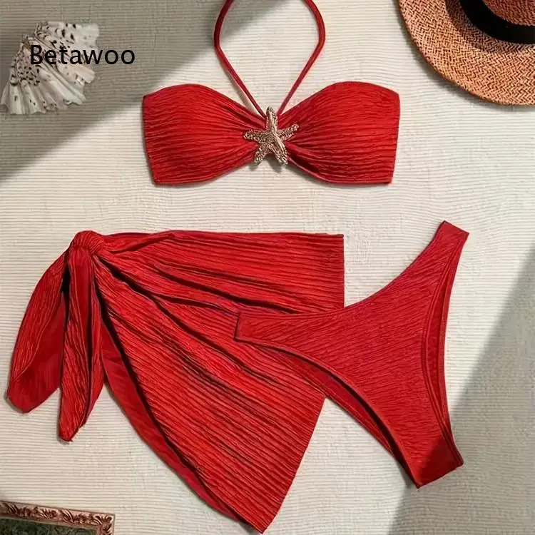 Women's Solid Color Ribbed Bikini Set Starfish Halter Top with Side Tie Skirted Bottom Three Piece Swimwear Beach Bathing Suit
Women's Solid Color Ribbed Bikini Set Starfish Halter Top with Side Tie Skirted Bottom Three Piece Swimwear Beach Bathing Suit