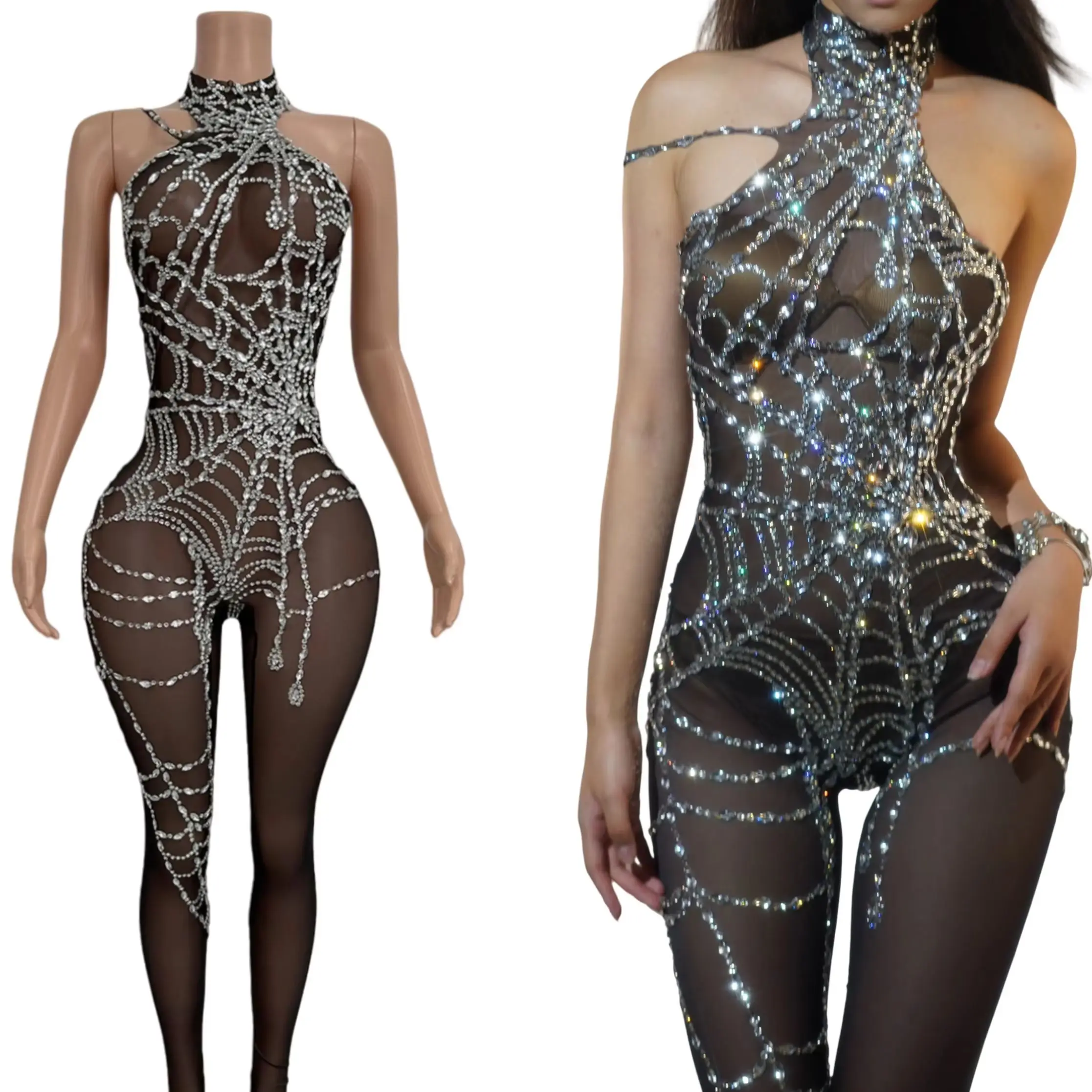 Zhuwang Spider Web See Through Jumpsuit Sexy Women Diamond Sleeveless Tight Fitting Stretch Jumpsuit Clubwear Night Club Outfit
Zhuwang Spider Web See Through Jumpsuit Sexy Women Diamond Sleeveless Tight Fitting Stretch Jumpsuit Clubwear Night Club Outfit