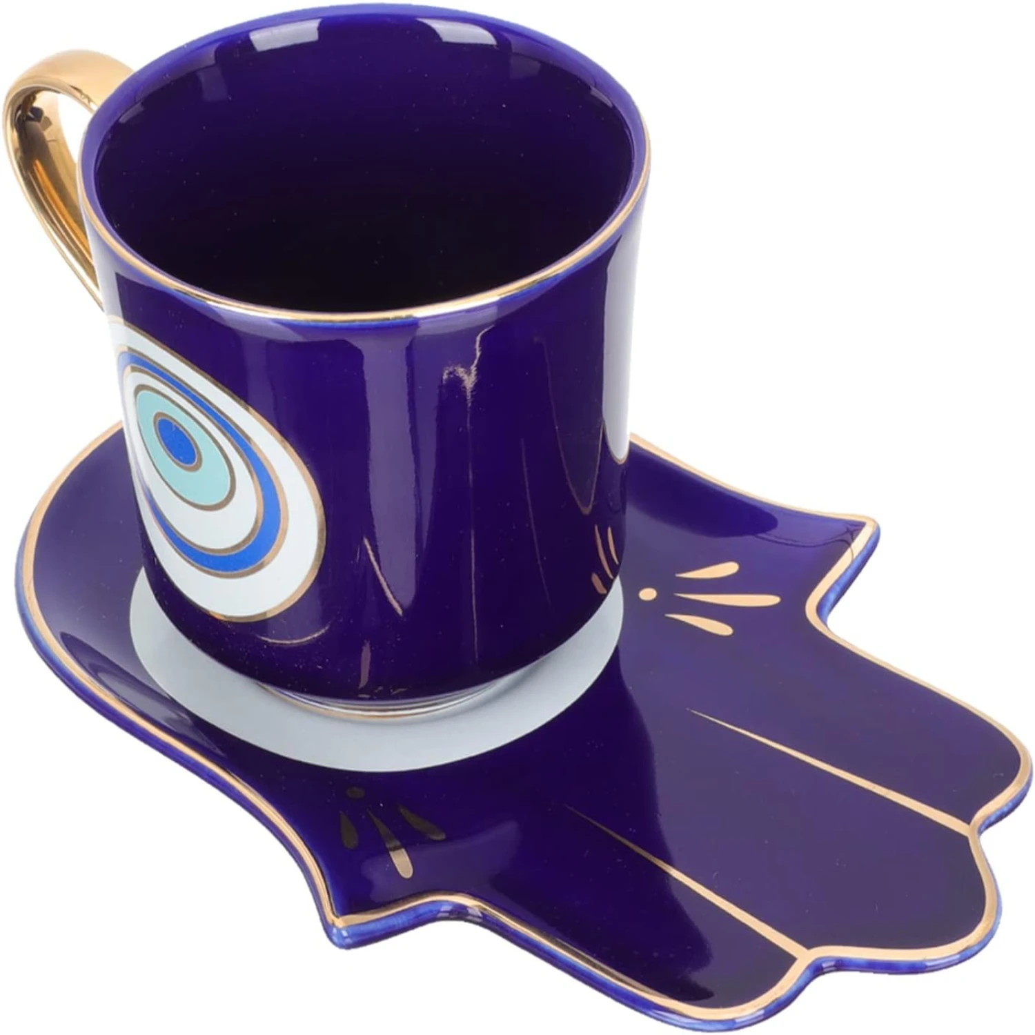 Потрясающе красивая синяя керамическая чашка для кофе Hamsa с ручным управлением и блюдце - идеально подходит для стильного офиса или кофейного hou
Потрясающе красивая синяя керамическая чашка для кофе Hamsa с ручным управлением и блюдце - идеально подходит для стильного офиса или кофейного hou