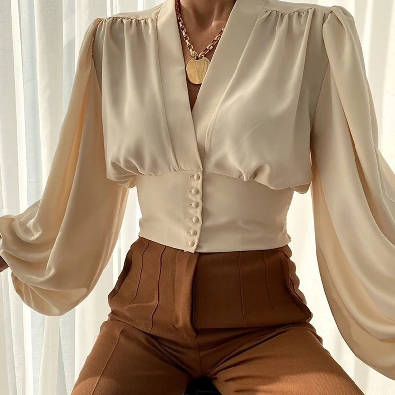 Summer V Neck Breasted Button Women's Blouse Sexy Office Lady Shirt Blouse Elegant Spring Lantern Long Sleeve Pleated Tops Blusa
Summer V Neck Breasted Button Women's Blouse Sexy Office Lady Shirt Blouse Elegant Spring Lantern Long Sleeve Pleated Tops Blusa