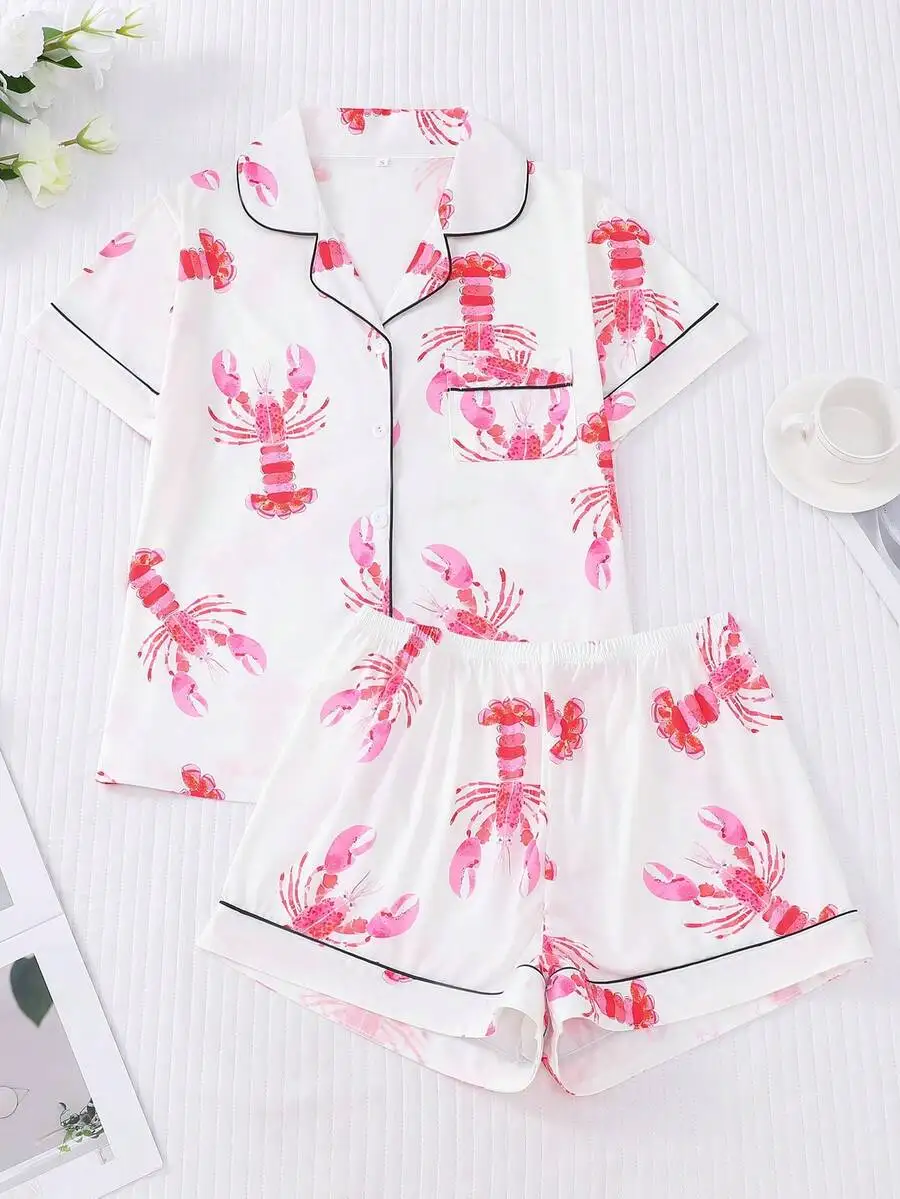 Women 2pcs Lobster Print Pajama Set Short Sleeve Lapel Collar Button Front Top Elastic Waist Shorts Loungewear Nightwear
Women 2pcs Lobster Print Pajama Set Short Sleeve Lapel Collar Button Front Top Elastic Waist Shorts Loungewear Nightwear