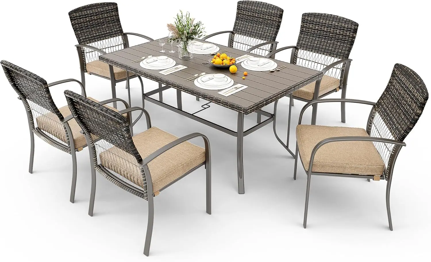 8504 Patio Dining 7 Piece, Outdoor Wicker Furniture Set for Backyard Garden Deck Poolside/Iron Slats Table Top, Removable Cushio
8504 Patio Dining 7 Piece, Outdoor Wicker Furniture Set for Backyard Garden Deck Poolside/Iron Slats Table Top, Removable Cushio