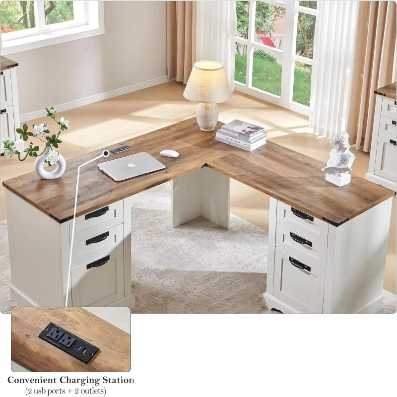 Wood Home Office Corner Desk with Charging Station, 60" Farmhouse L Shaped Executive Desk with Drawers, File Drawer
Wood Home Office Corner Desk with Charging Station, 60" Farmhouse L Shaped Executive Desk with Drawers, File Drawer