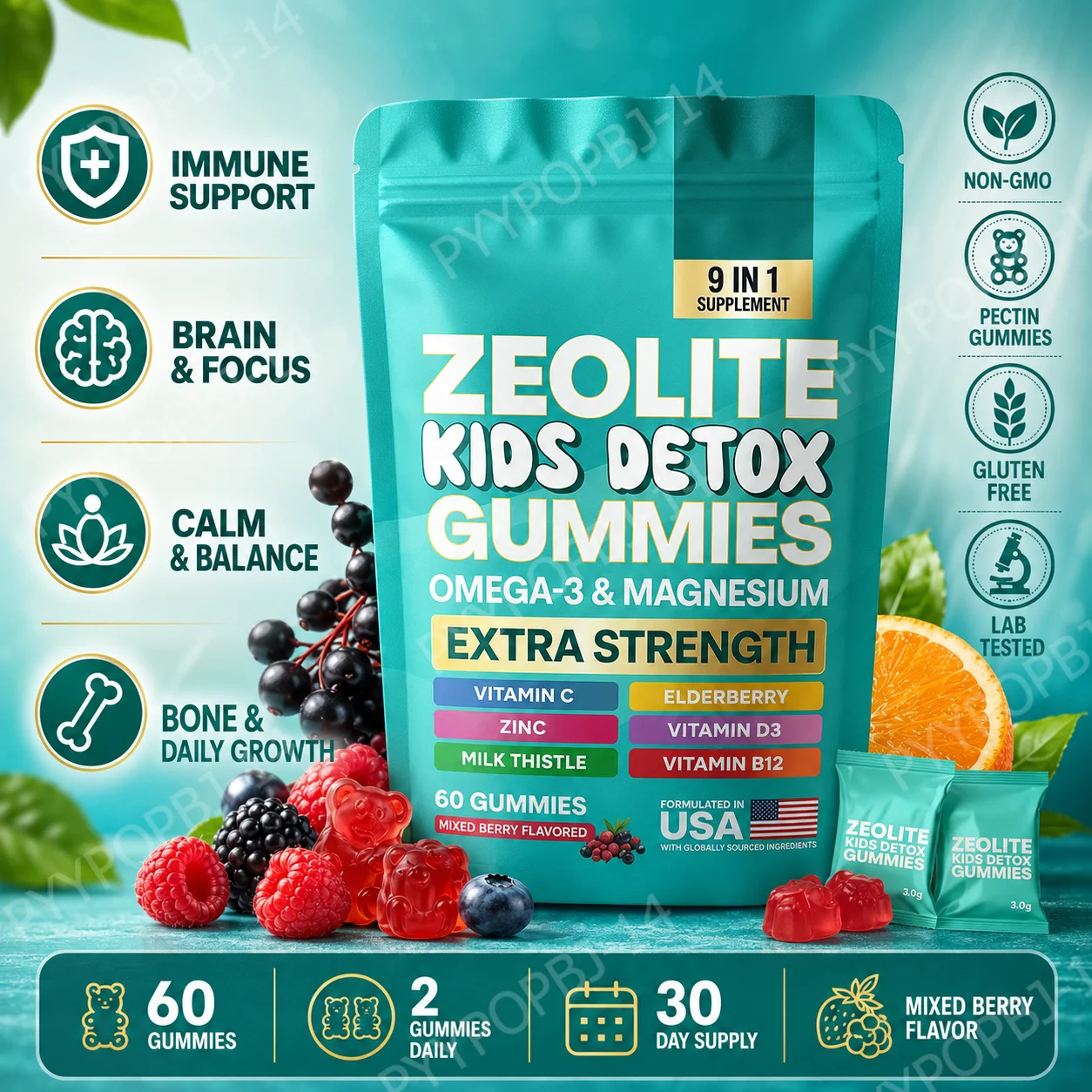 Kids Wellness Gummies with Omega-3 Magnesium Vitamin C Daily Nutritional Support Mixed Berry Flavor 60 Gummies
Kids Wellness Gummies with Omega-3 Magnesium Vitamin C Daily Nutritional Support Mixed Berry Flavor 60 Gummies