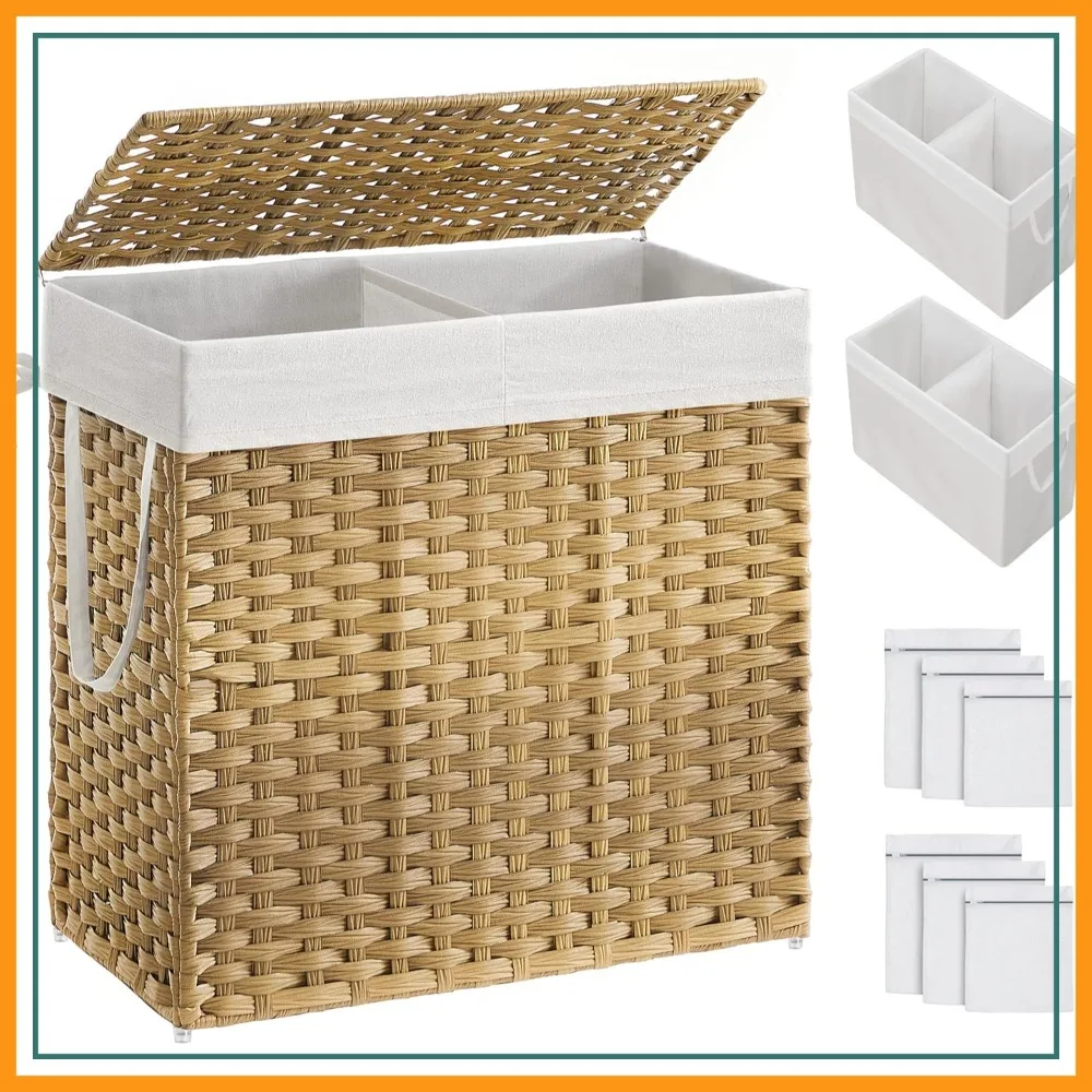 130L Double Laundry Hamper with Lid, 2 Removable Liners & 6 Mesh Bags, Wicker Basket for Bathroom, 13x26x23.6 Inches
130L Double Laundry Hamper with Lid, 2 Removable Liners & 6 Mesh Bags, Wicker Basket for Bathroom, 13x26x23.6 Inches
