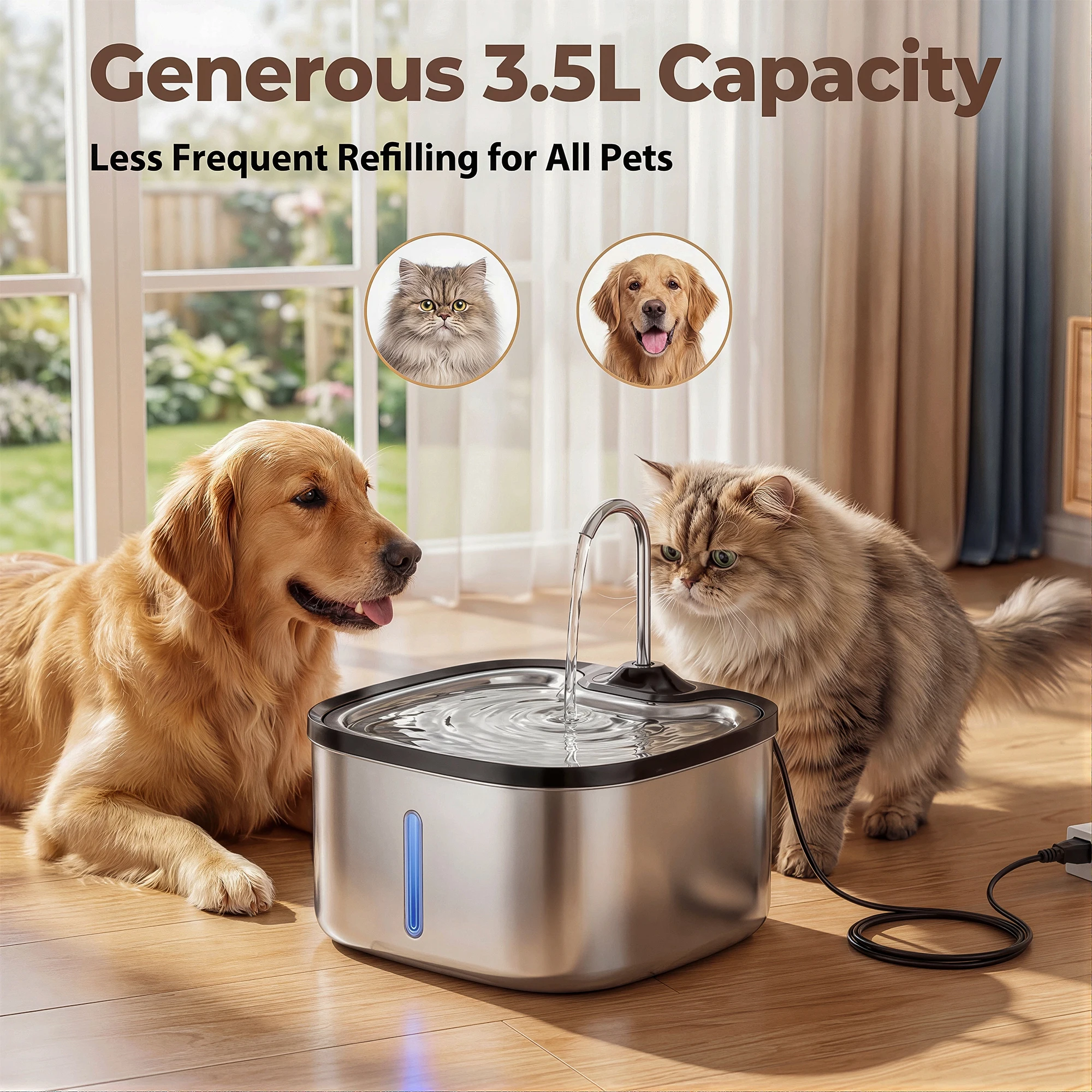 Tap Style Cat Water Fountain 3.5L Stainless Steel Pet Drinking Dispenser Visible Water Level Silent Pump LED Light Dog Waterer
Tap Style Cat Water Fountain 3.5L Stainless Steel Pet Drinking Dispenser Visible Water Level Silent Pump LED Light Dog Waterer