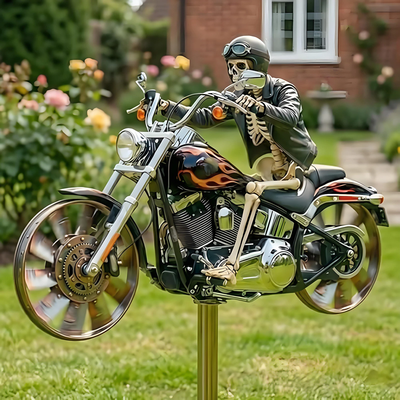 Skeleton Biker Motorcycle Wind Spinner with Rotating Wheel Metal Decorative Pinwheel Windmill for Outdoor Patio Garden Art Decor
Skeleton Biker Motorcycle Wind Spinner with Rotating Wheel Metal Decorative Pinwheel Windmill for Outdoor Patio Garden Art Decor