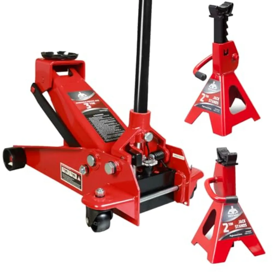 Floor Jack for automotive service: steel, red, 3-ton fast-lift hydraulic jack with low-profile 2-ton steel jack stands
Floor Jack for automotive service: steel, red, 3-ton fast-lift hydraulic jack with low-profile 2-ton steel jack stands