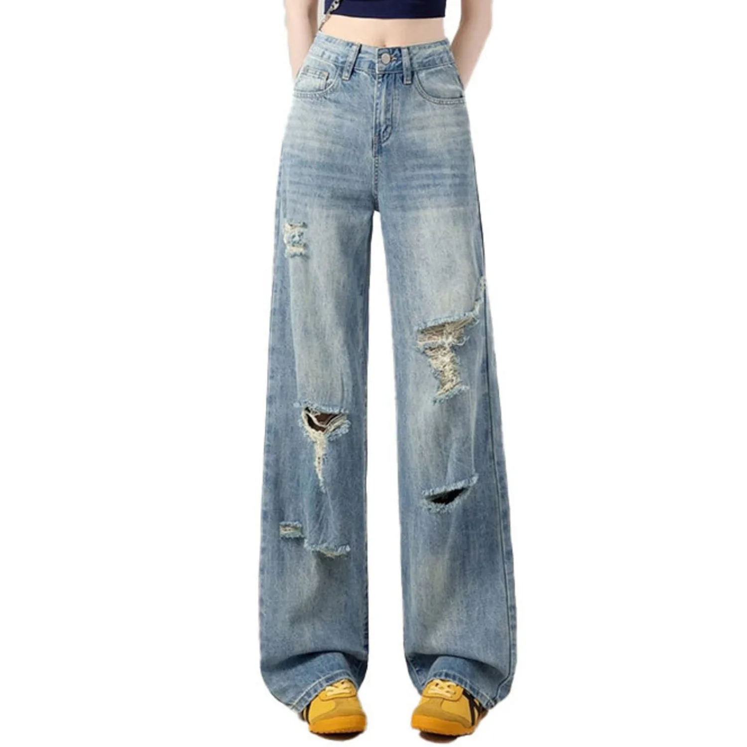 Women High Waist Wide Leg Jeans Light Blue Wash Distressed Ripped Denim Pants Vintage Frayed Hole Loose Casual Trousers
Women High Waist Wide Leg Jeans Light Blue Wash Distressed Ripped Denim Pants Vintage Frayed Hole Loose Casual Trousers