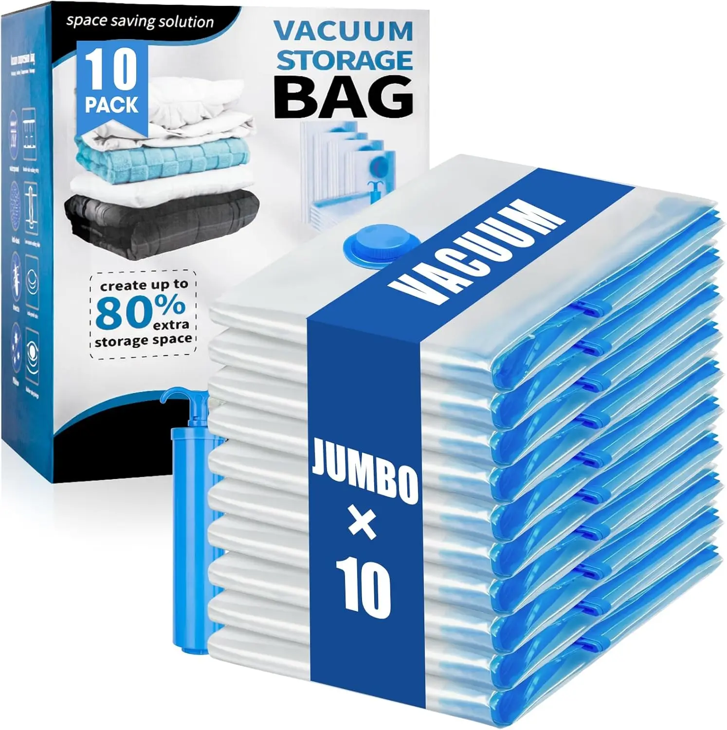 10 Jumbo Vacuum Storage Bags with Hand Pump for Clothing, Comforters, Blankets, and Bedding Space Saver
10 Jumbo Vacuum Storage Bags with Hand Pump for Clothing, Comforters, Blankets, and Bedding Space Saver