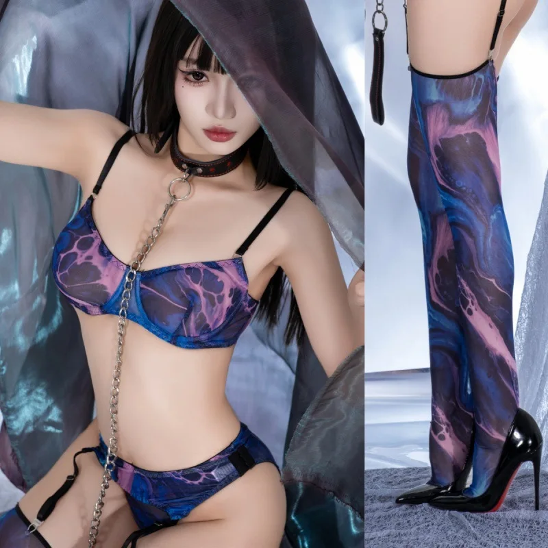 Sexy Lingerie Set Women Blue Tie-Dye Printed Push Up Bra Stockings Underwire Suit Hollowed Out Erotic Apparel Bikini Costumes 
Sexy Lingerie Set Women Blue Tie-Dye Printed Push Up Bra Stockings Underwire Suit Hollowed Out Erotic Apparel Bikini Costumes