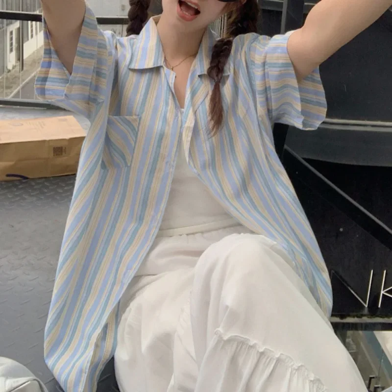 Striped Short Sleeve Shirts Women Korean Fashion Loose Fit Tops Summer Sweet Girls Lazy Style Casual Daily Streetwear Ins
Striped Short Sleeve Shirts Women Korean Fashion Loose Fit Tops Summer Sweet Girls Lazy Style Casual Daily Streetwear Ins