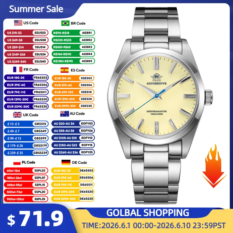 ADDIESDIVE Men's Watch 36mm VH31 Quartz Watches Sapphire Crystal 100m Waterproof BGW9 Luminous 316L Stainless Steel Male Clock
ADDIESDIVE Men's Watch 36mm VH31 Quartz Watches Sapphire Crystal 100m Waterproof BGW9 Luminous 316L Stainless Steel Male Clock