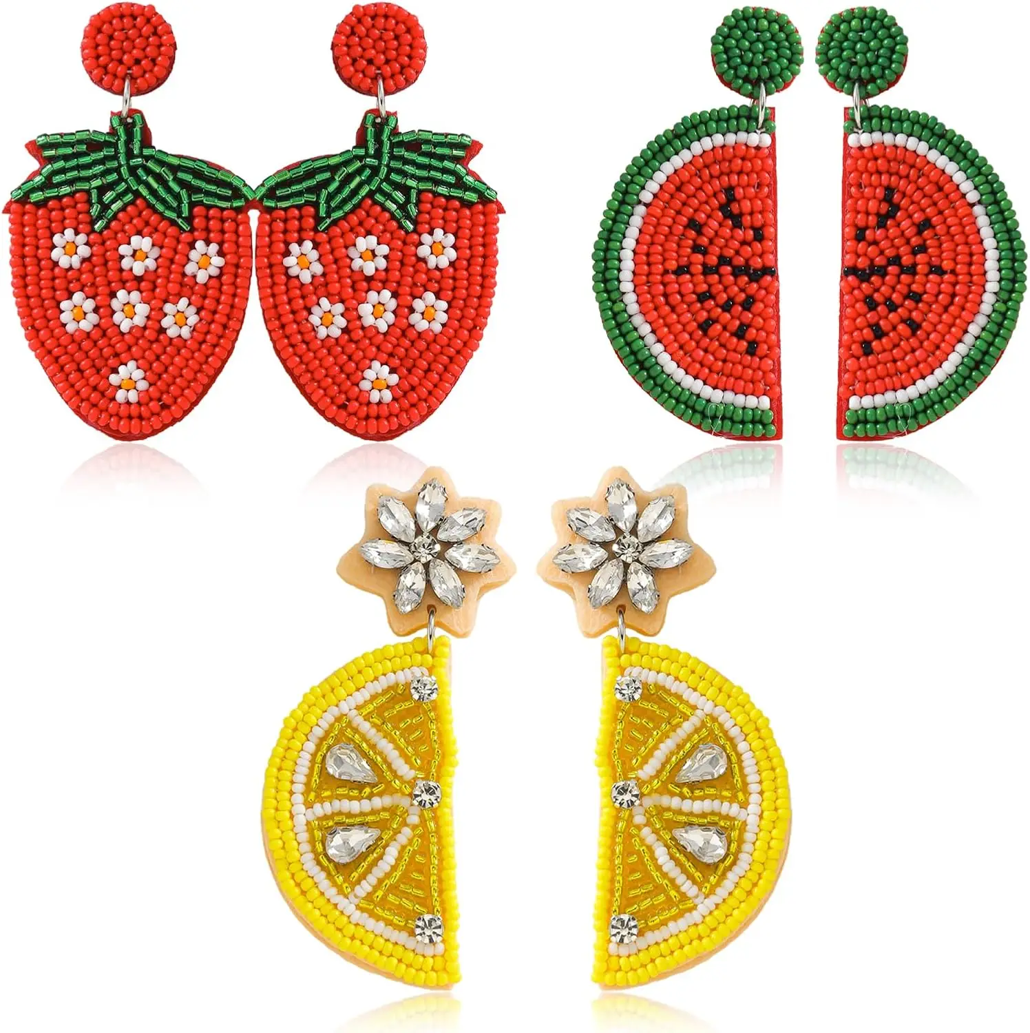 Three Pairs Handmade Beaded Fruit Dangle Earrings Set Lemon Watermelon Strawberry Summer Jewelry Gift for Women
Three Pairs Handmade Beaded Fruit Dangle Earrings Set Lemon Watermelon Strawberry Summer Jewelry Gift for Women