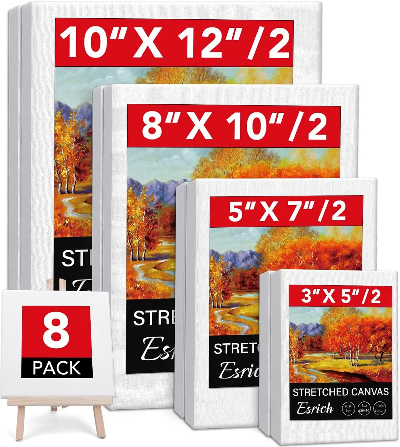 8 Pack Stretched Canvases, 4 Sizes, Primed Cotton, Acid-Free, Wood Frame for Painting
8 Pack Stretched Canvases, 4 Sizes, Primed Cotton, Acid-Free, Wood Frame for Painting
