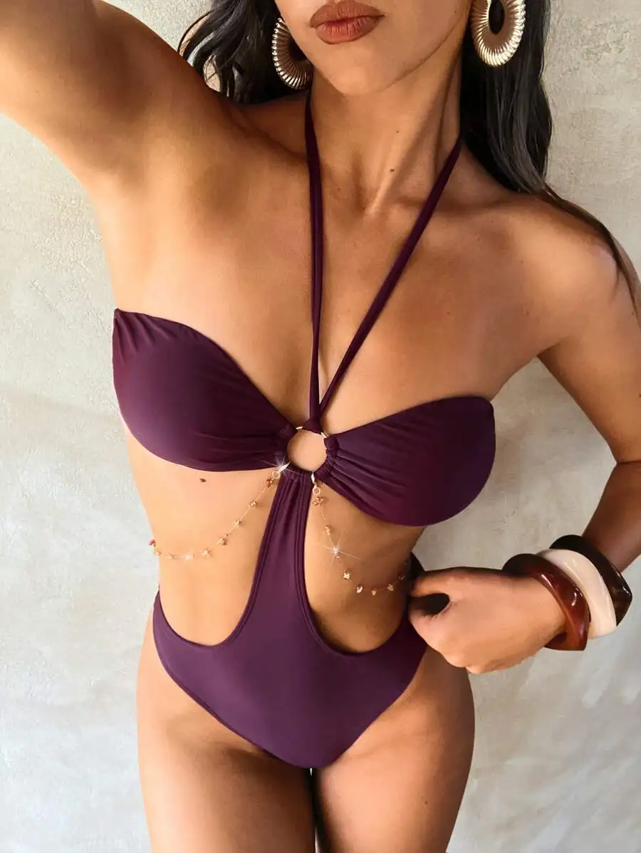 Womens Burgundy One Piece Swimsuit With Waist Chain Backless Halter Design
Womens Burgundy One Piece Swimsuit With Waist Chain Backless Halter Design