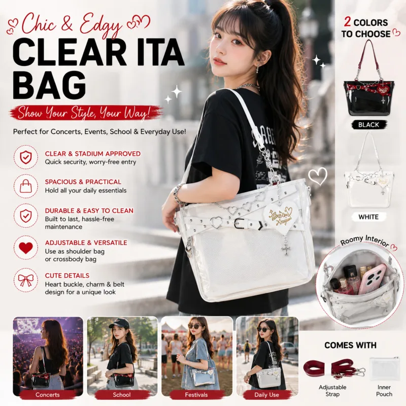 Y2K Ita Bag Heart Chain Shoulder Crossbody Bag Large Capacity Clear Display Bag For Anime Fans Comic Con Travel Tote Bag Gift
Y2K Ita Bag Heart Chain Shoulder Crossbody Bag Large Capacity Clear Display Bag For Anime Fans Comic Con Travel Tote Bag Gift
