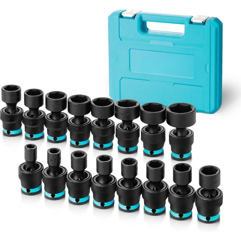 3/8 Inch Drive Impact Swivel Socket Set 16 Piece Shallow Universal Metric Sockets with Wobble Extension Cr-Mo Steel 6 Point
3/8 Inch Drive Impact Swivel Socket Set 16 Piece Shallow Universal Metric Sockets with Wobble Extension Cr-Mo Steel 6 Point
