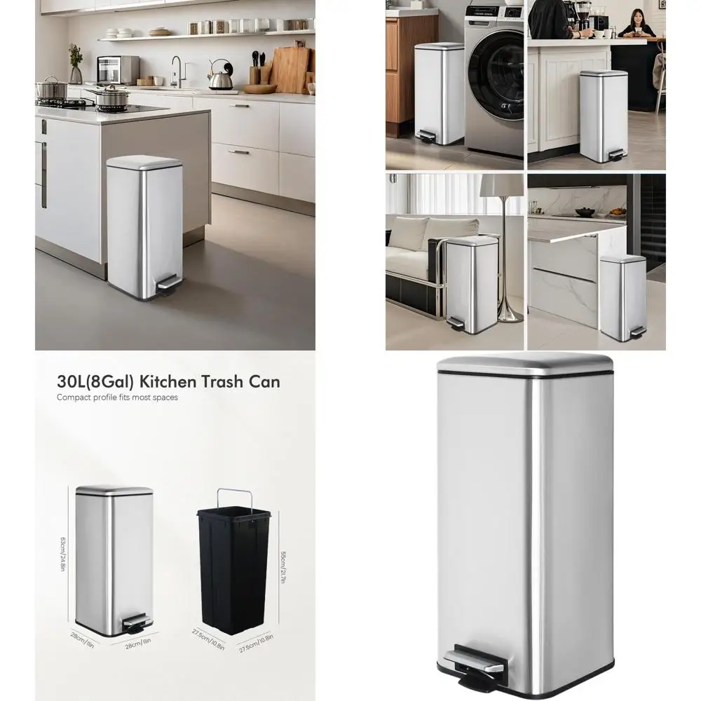8 Gallon Square Stainless Steel Trash Can with Removable Inner Bucket, Suitable for Kitchen, Office, Laundry, and Bathroom, 30 L
8 Gallon Square Stainless Steel Trash Can with Removable Inner Bucket, Suitable for Kitchen, Office, Laundry, and Bathroom, 30 L