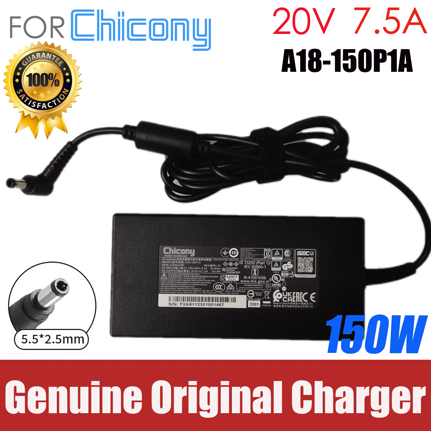 Original Chicony A18-150P1A 20V 7.5A 150W A150A048P AC Power Adapter Charger Laptop Power Supply Genuine With 5.5*2.5mm Tip
Original Chicony A18-150P1A 20V 7.5A 150W A150A048P AC Power Adapter Charger Laptop Power Supply Genuine With 5.5*2.5mm Tip