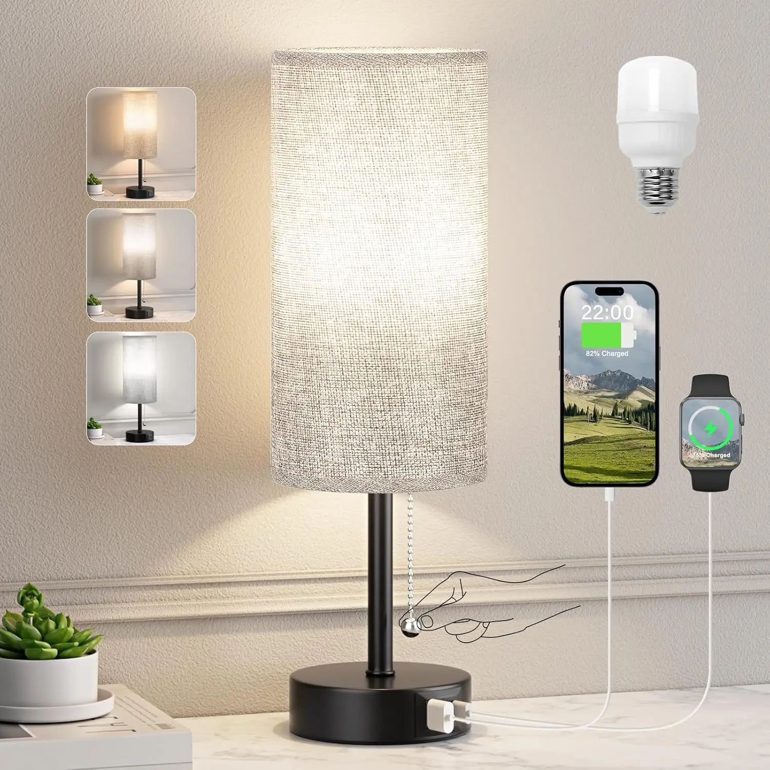 Bedside Lamp with USB A+C Charging, 3 Color Temperatures, Pull Chain, Bulb Included
Bedside Lamp with USB A+C Charging, 3 Color Temperatures, Pull Chain, Bulb Included