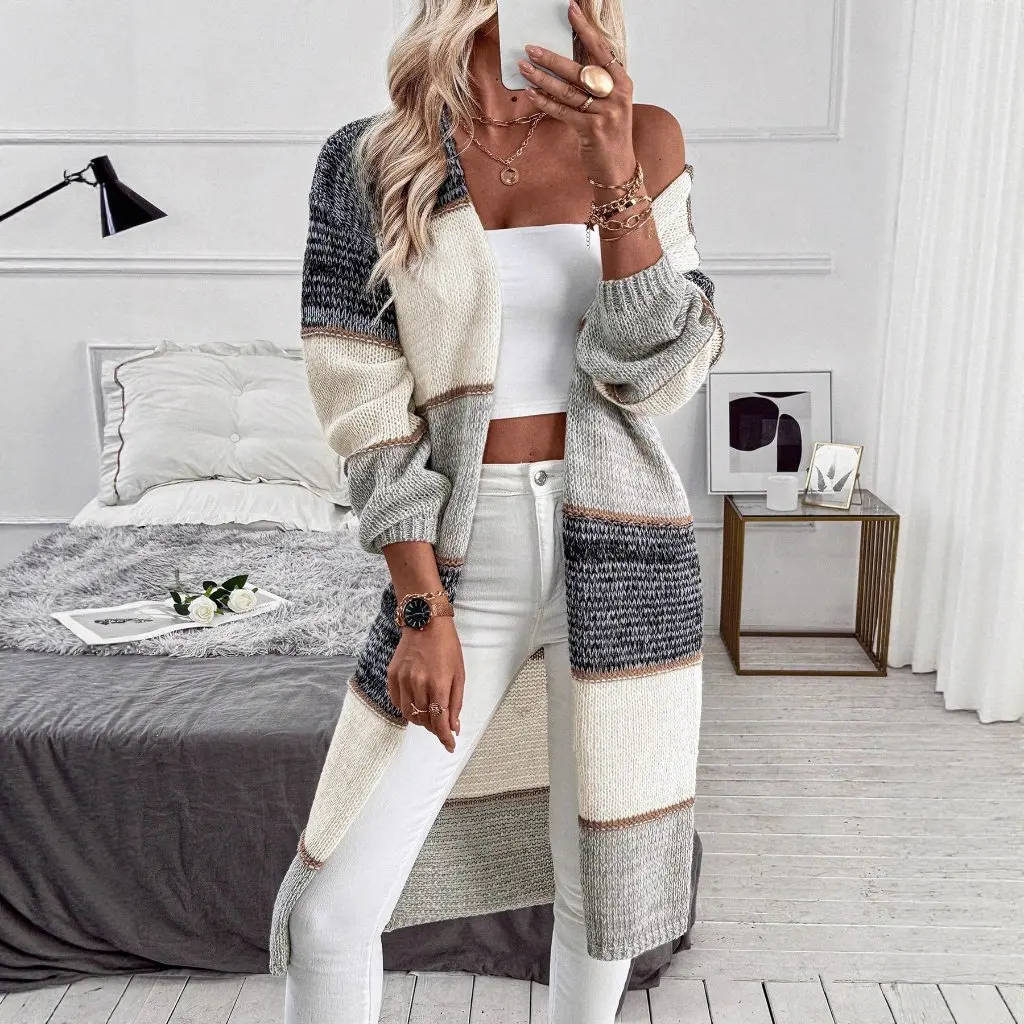 Autumn Winter Women's Casual Fashion Knitted Open Cardigan Loose Long V-neck Striped Color Block Sweater Jacket For Women
Autumn Winter Women's Casual Fashion Knitted Open Cardigan Loose Long V-neck Striped Color Block Sweater Jacket For Women