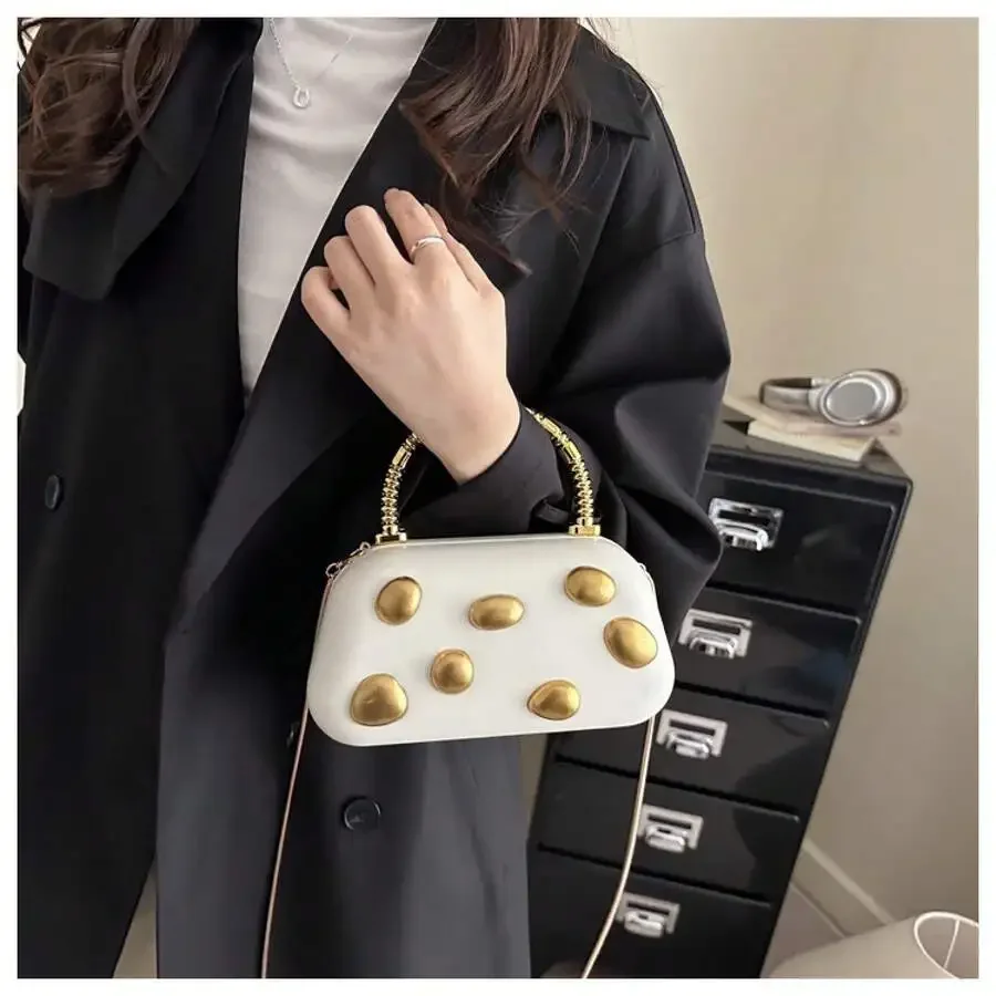 White Textured Chain Handbag For Women, Small Square Evening Bag With Metal Studs, Shoulder And Crossbody
White Textured Chain Handbag For Women, Small Square Evening Bag With Metal Studs, Shoulder And Crossbody
