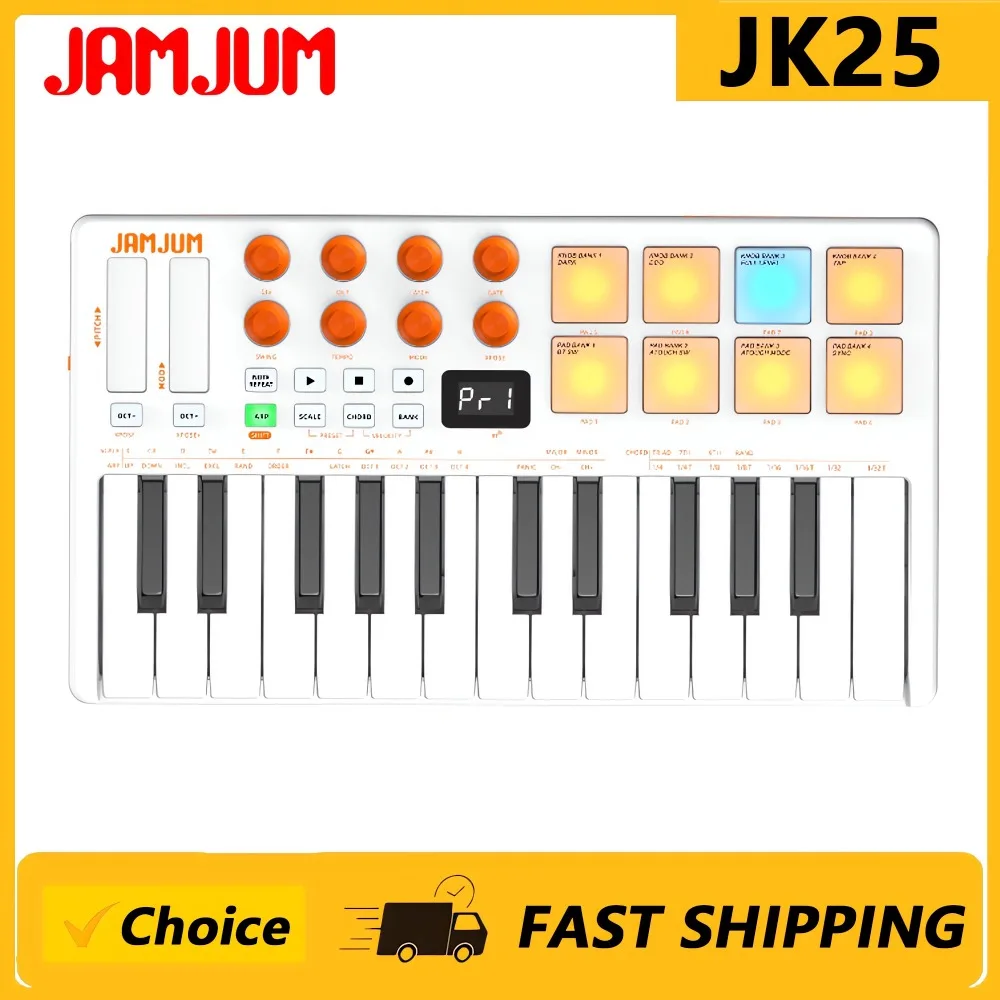The JAMJUM JK25 Bluetooth Wireless MIDI Controller Features 25 Velocity-sensitive Keys and 9 Backlit Velocity Pads.
The JAMJUM JK25 Bluetooth Wireless MIDI Controller Features 25 Velocity-sensitive Keys and 9 Backlit Velocity Pads.