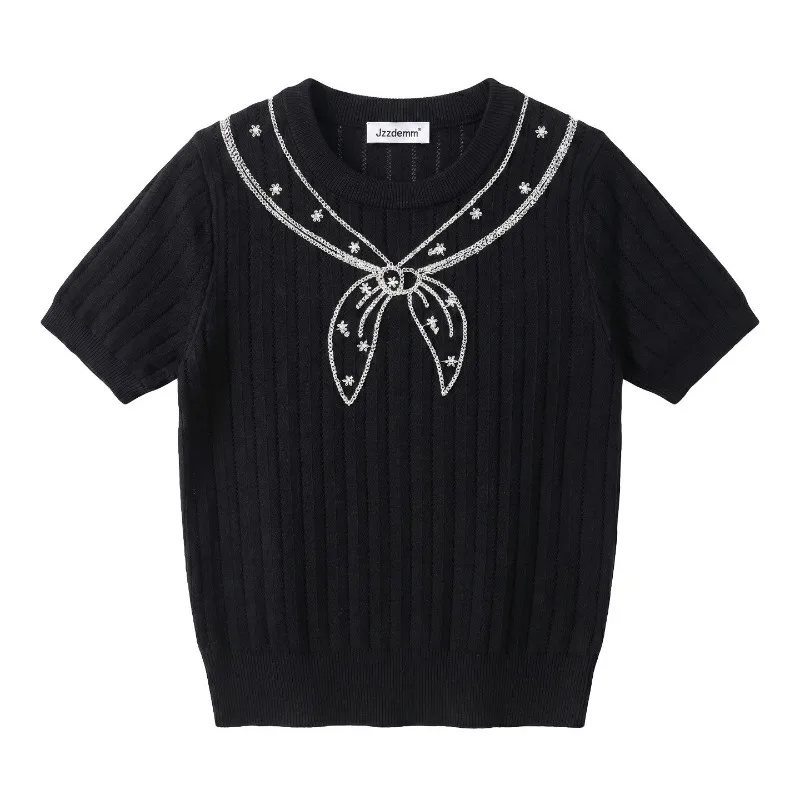 Summer Simple Embroidery Bow Girl T-shirt Fashion College Style Short Sleeved Commuting Comfortable Casual Knitted Top
Summer Simple Embroidery Bow Girl T-shirt Fashion College Style Short Sleeved Commuting Comfortable Casual Knitted Top