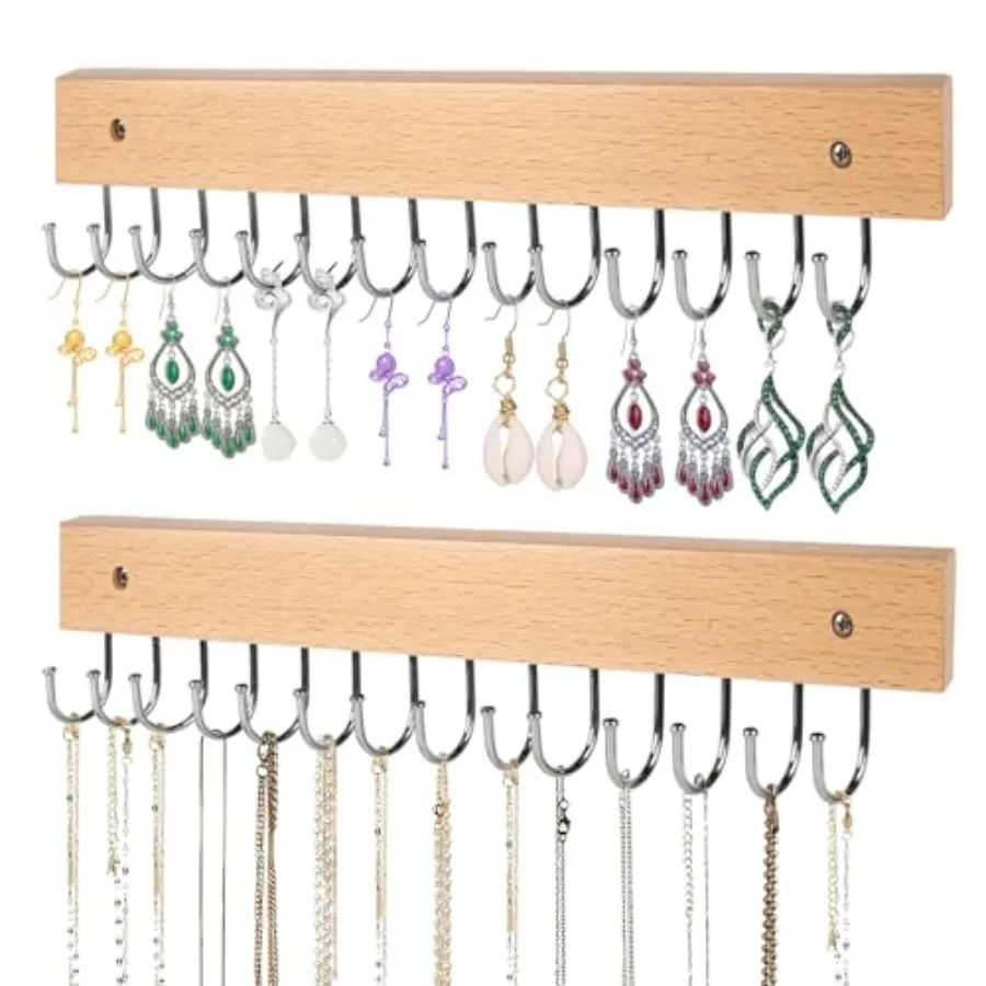 Necklace Holder Wall Mounted Jewelry Organizer - 2 Pack Wooden with 28 Rotating 180° Hooks for Hanging Earring and Ring Bracele
Necklace Holder Wall Mounted Jewelry Organizer - 2 Pack Wooden with 28 Rotating 180° Hooks for Hanging Earring and Ring Bracele