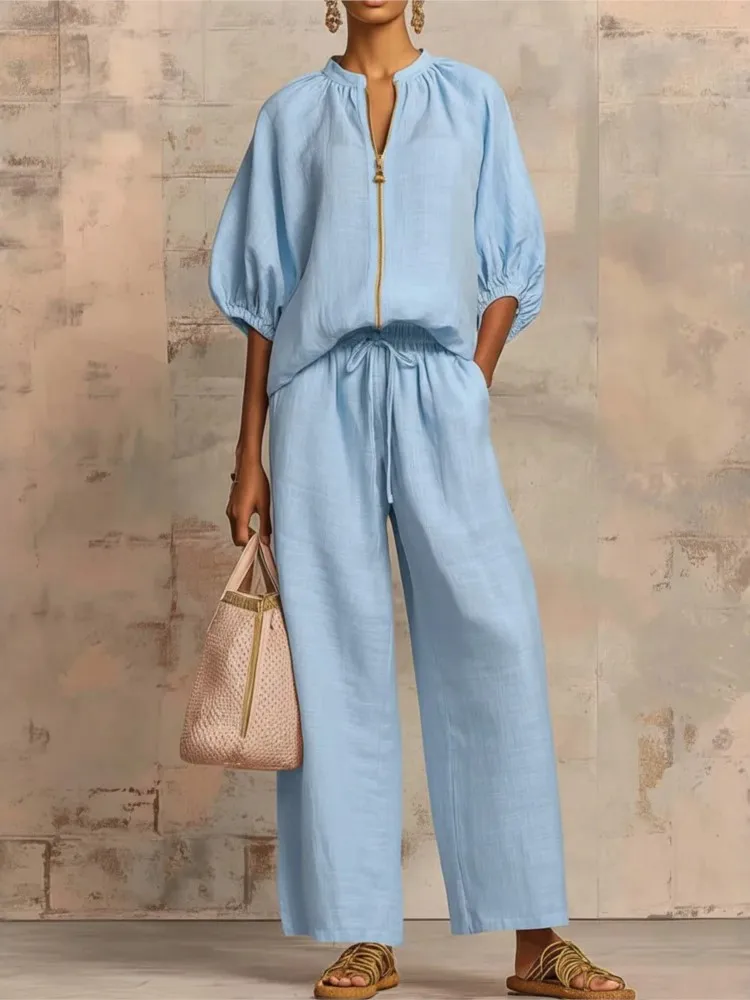 Sets Two 2 Pieces Sale Casual Half Sleeve Zipper Loose Blouse Shirt&High Elastic Wide Leg Loose Pant Suits Daily Trousers Suit
Sets Two 2 Pieces Sale Casual Half Sleeve Zipper Loose Blouse Shirt&High Elastic Wide Leg Loose Pant Suits Daily Trousers Suit