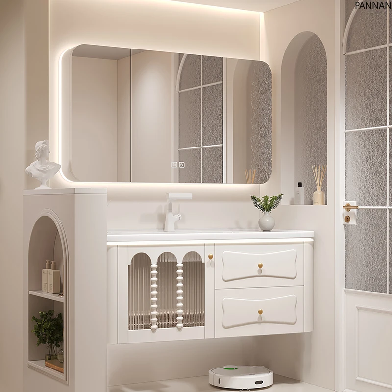 Round-corner ceramic integrated basin dry area bathroom cabinet solid wood glass door wall-mounted half-wall washstand
Round-corner ceramic integrated basin dry area bathroom cabinet solid wood glass door wall-mounted half-wall washstand