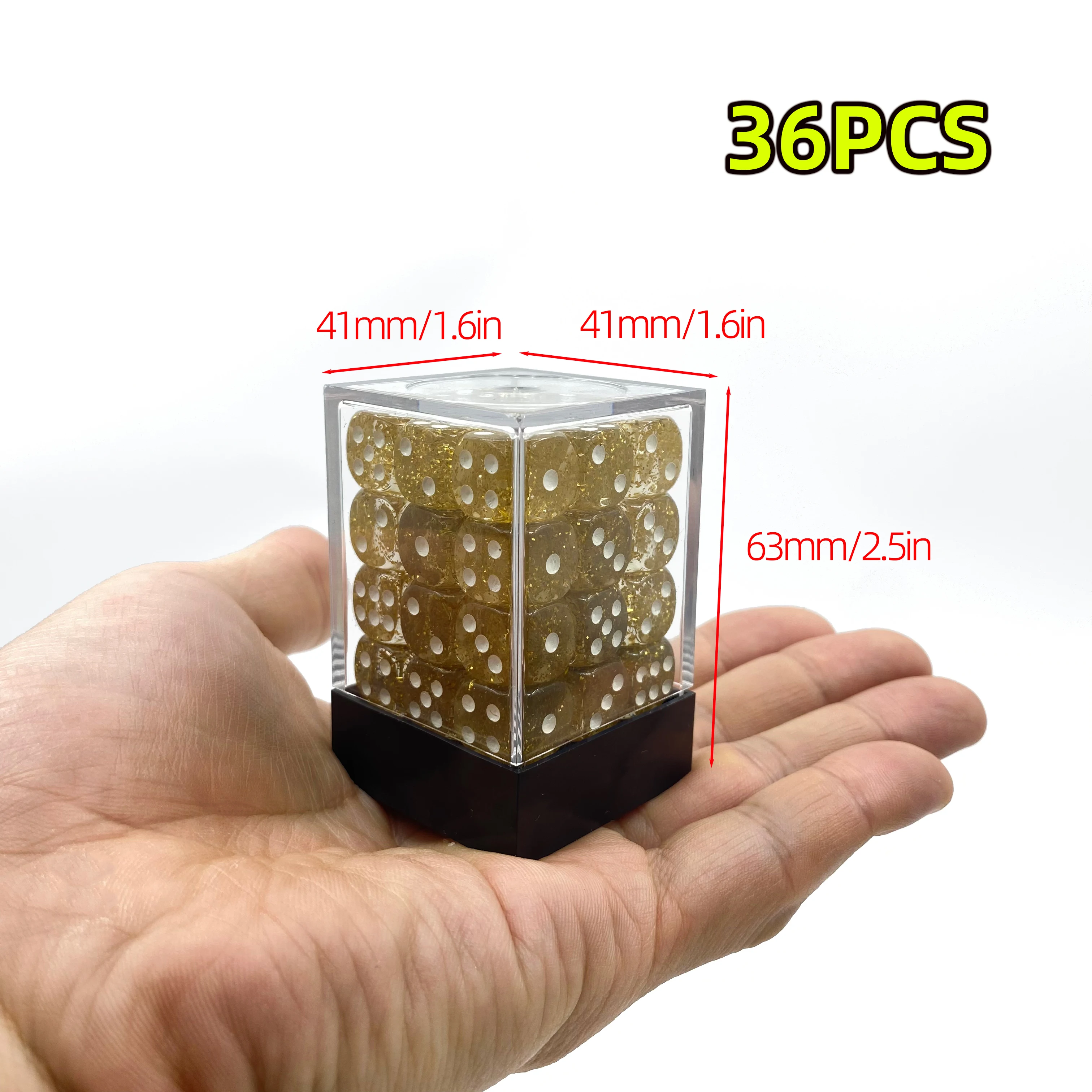 12mm D6 Transparent Color Glitter Small Dice 36pc Set with Clear Display Case for RPG Board Games, Tabletop DND Accessories
12mm D6 Transparent Color Glitter Small Dice 36pc Set with Clear Display Case for RPG Board Games, Tabletop DND Accessories