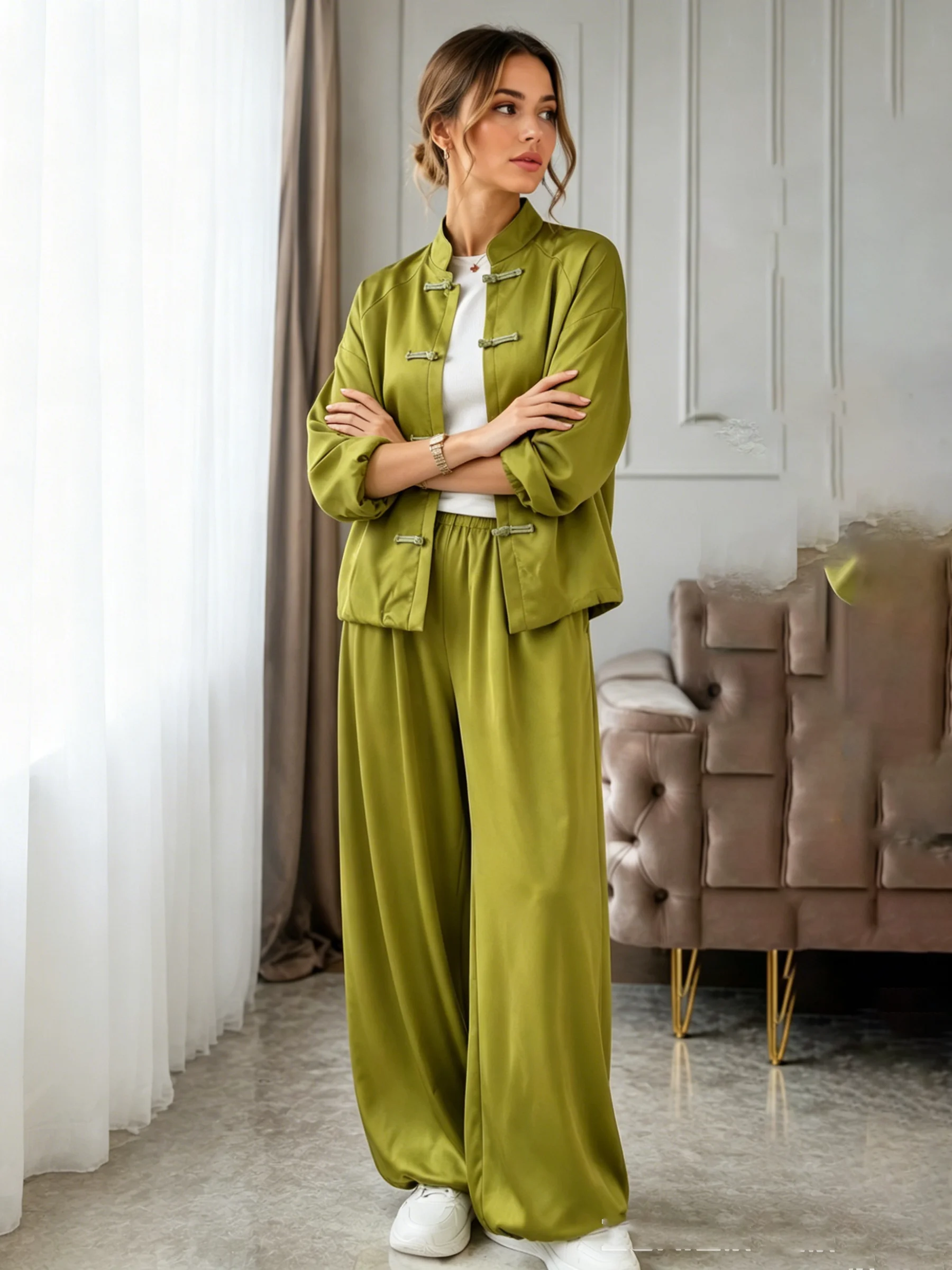 PUAL Women's Chinese Style Casual Satin Two-Piece Set-Stand Collar Top & Trousers,for any sence
PUAL Women's Chinese Style Casual Satin Two-Piece Set-Stand Collar Top & Trousers,for any sence