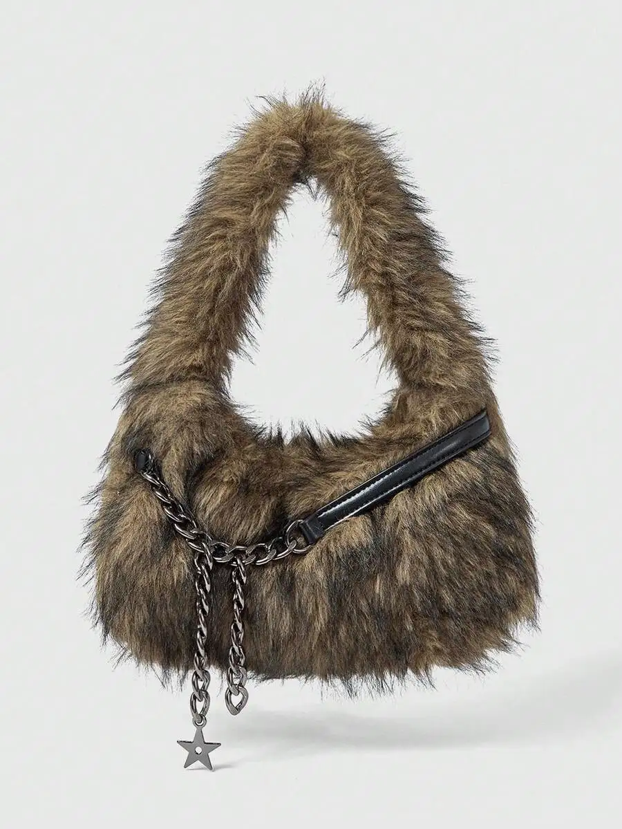 Faux Fur Hobo Handbag with Chain Strap and Star Charm, Autumn Winter Style
Faux Fur Hobo Handbag with Chain Strap and Star Charm, Autumn Winter Style
