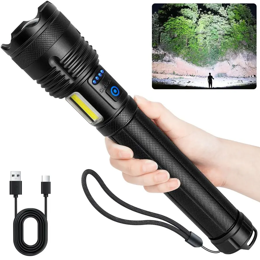 Flashlights 90000 High Lumen, 10000 Ah ATTERY LED Flashlight with CobLight for Home, Super Bright Flash Light 7 Modes, IPX7 Wate
Flashlights 90000 High Lumen, 10000 Ah ATTERY LED Flashlight with CobLight for Home, Super Bright Flash Light 7 Modes, IPX7 Wate