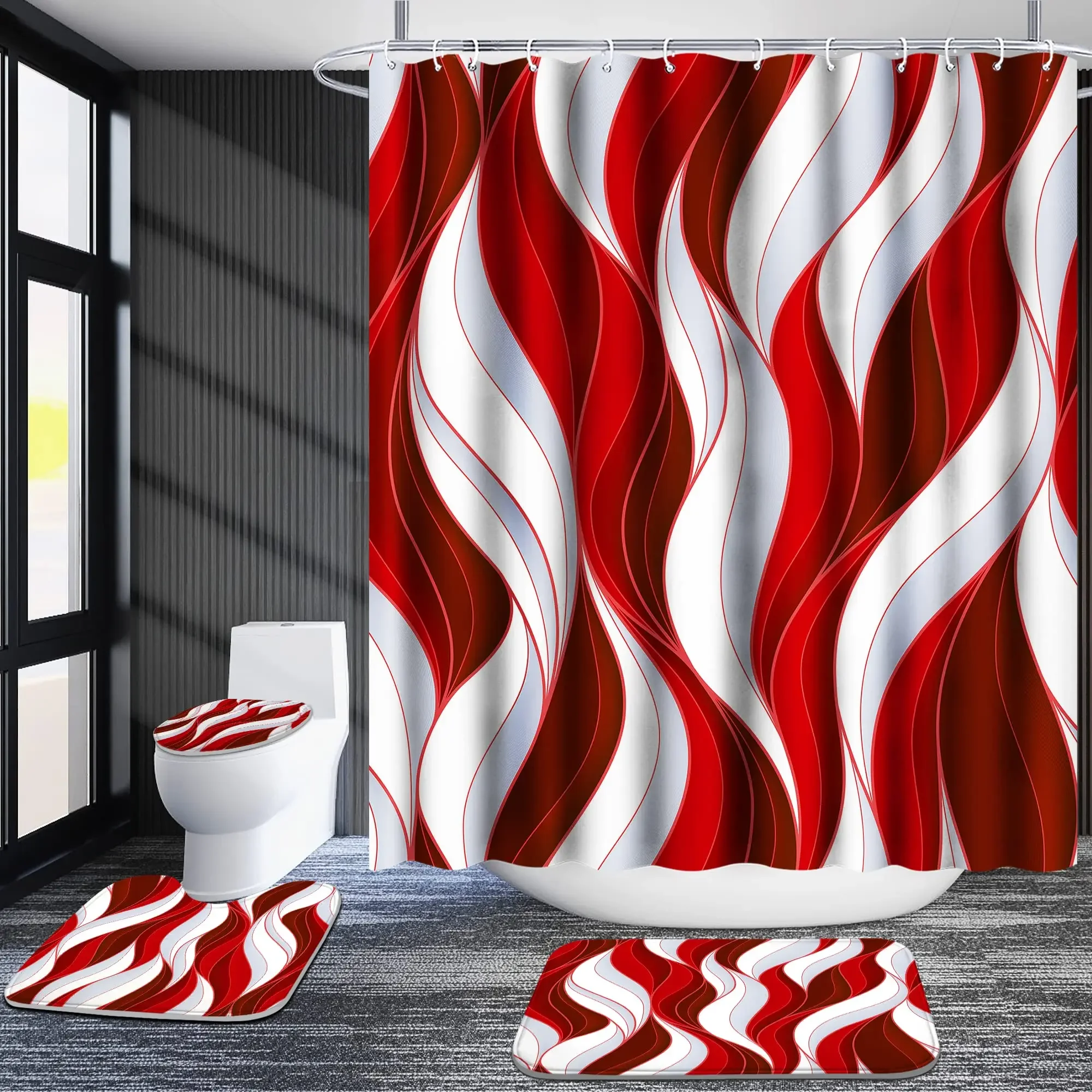 4 Pcs Stripe Shower Curtain Set Bathroom Decor Trendy Style Bath Mat Toilet Lid Cover Geometric Pattern Bath Curtain with Hooks
4 Pcs Stripe Shower Curtain Set Bathroom Decor Trendy Style Bath Mat Toilet Lid Cover Geometric Pattern Bath Curtain with Hooks