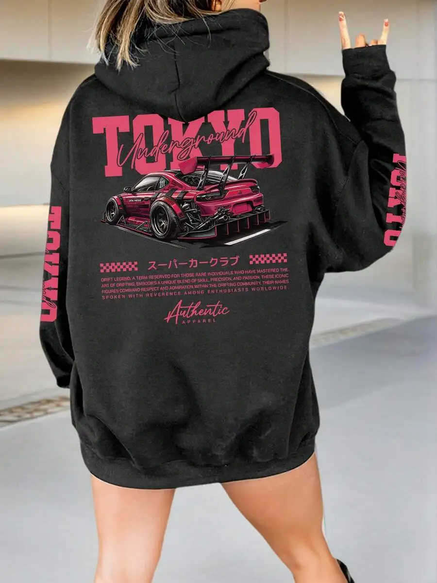 Womens Black Hooded Sweatshirt With Tokyo Underground Car Graphic Print Loose Casual Pullover
Womens Black Hooded Sweatshirt With Tokyo Underground Car Graphic Print Loose Casual Pullover