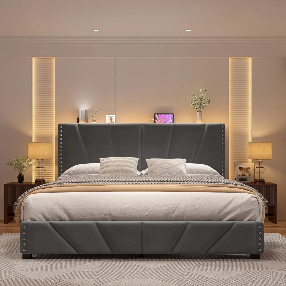 King Size Bed Frame with Velvet Headboard and LED Lights, Storage Headboard Platform Bed with Charging Station,Easy Assembly
King Size Bed Frame with Velvet Headboard and LED Lights, Storage Headboard Platform Bed with Charging Station,Easy Assembly