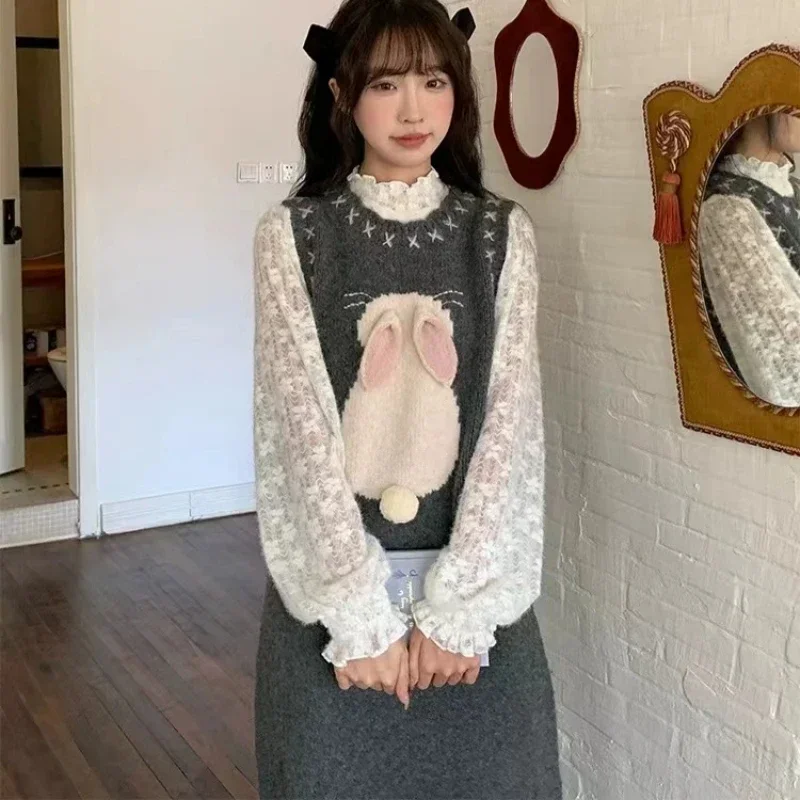 Sweet Hot Girl Suit Women's Autumn Hollow Shirt Three-dimensional Rabbit Knitted Sleeveless Dress Two-piece Set Female Clothes
Sweet Hot Girl Suit Women's Autumn Hollow Shirt Three-dimensional Rabbit Knitted Sleeveless Dress Two-piece Set Female Clothes
