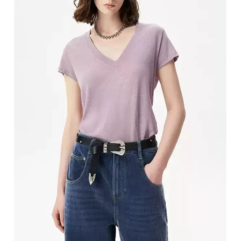 100% Linen 2026 Summer New French Design Solid Color V-neck Short Sleeved T-shirt For Women Fashion Casual Feminine Tees Tops
100% Linen 2026 Summer New French Design Solid Color V-neck Short Sleeved T-shirt For Women Fashion Casual Feminine Tees Tops