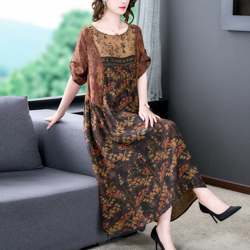 2023 Summer Loose Size Retro Silk Flower Print Dress Short Sleeve Ethnic Style Spliced Long Dress Women's Knee Length Robe
2023 Summer Loose Size Retro Silk Flower Print Dress Short Sleeve Ethnic Style Spliced Long Dress Women's Knee Length Robe