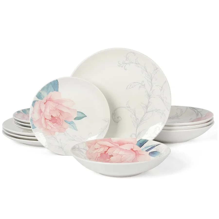 Everyday Peony 12 Piece Round Fine Ceramic Dinnerware Set in White and Pink
Everyday Peony 12 Piece Round Fine Ceramic Dinnerware Set in White and Pink