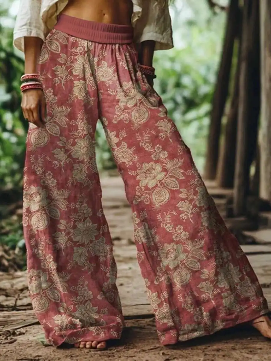 Womens Boho Floral Wide Leg Pants, Woven Fabric With Pockets, Festival Chic
Womens Boho Floral Wide Leg Pants, Woven Fabric With Pockets, Festival Chic