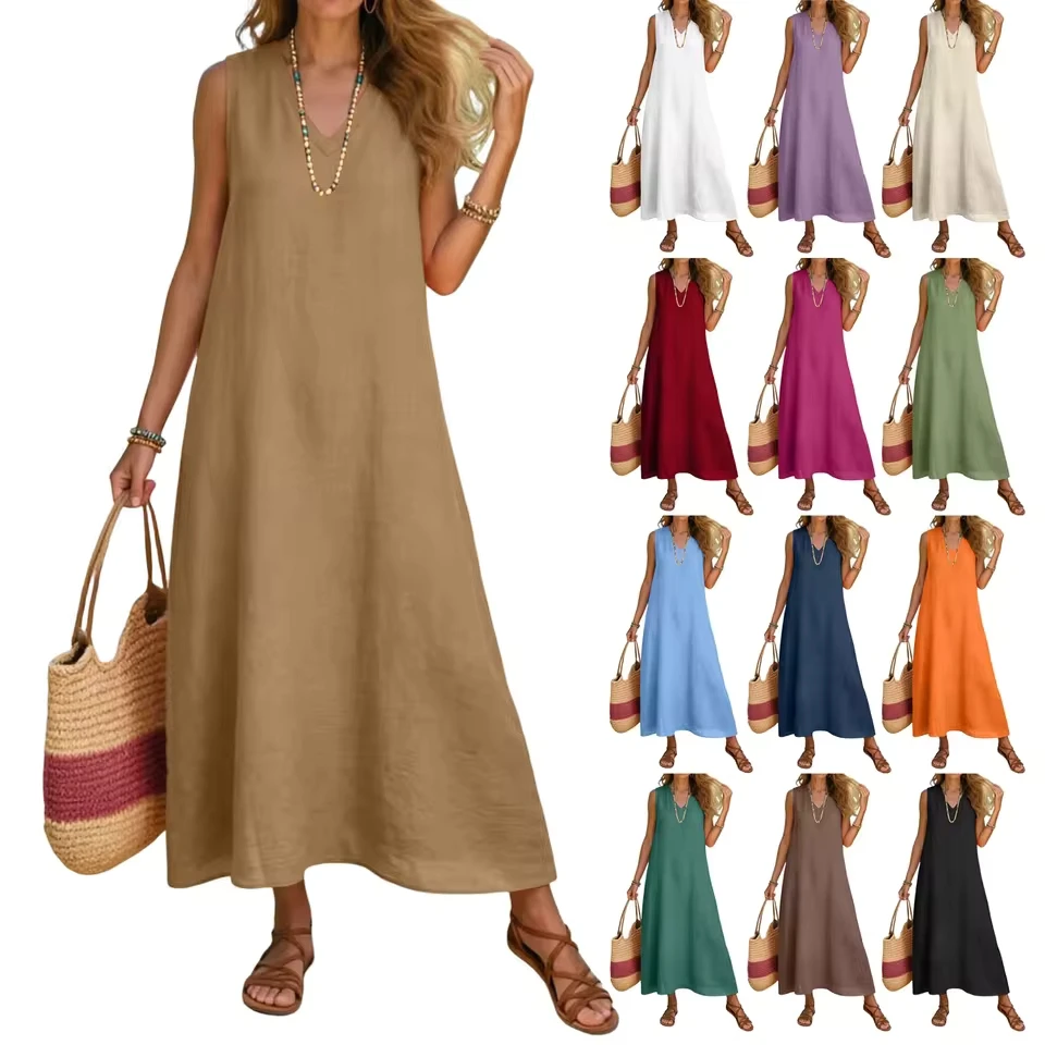 Women Summer Sleeveless V Neck Solid Color Bohemian Beach Vacation Maxi Dress With Back Zipper Women Vestidos Mujer
Women Summer Sleeveless V Neck Solid Color Bohemian Beach Vacation Maxi Dress With Back Zipper Women Vestidos Mujer